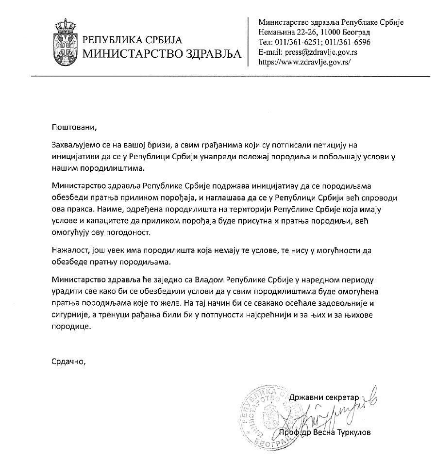 Ministarstvo zdravlja - odgvoor - pratnja trudnice